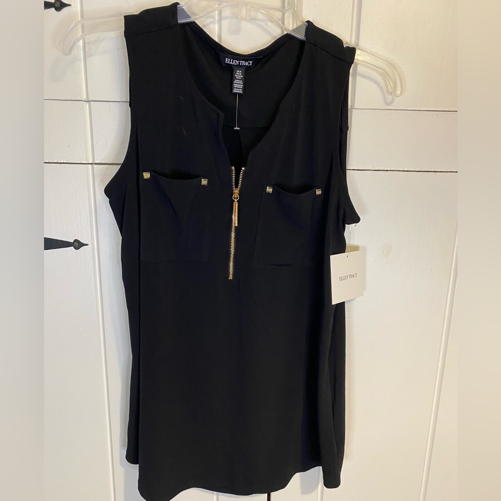 Ellen Tracy Half Zip Sleeveless Top - Branded Zipper & Front Pocket Details. NWT